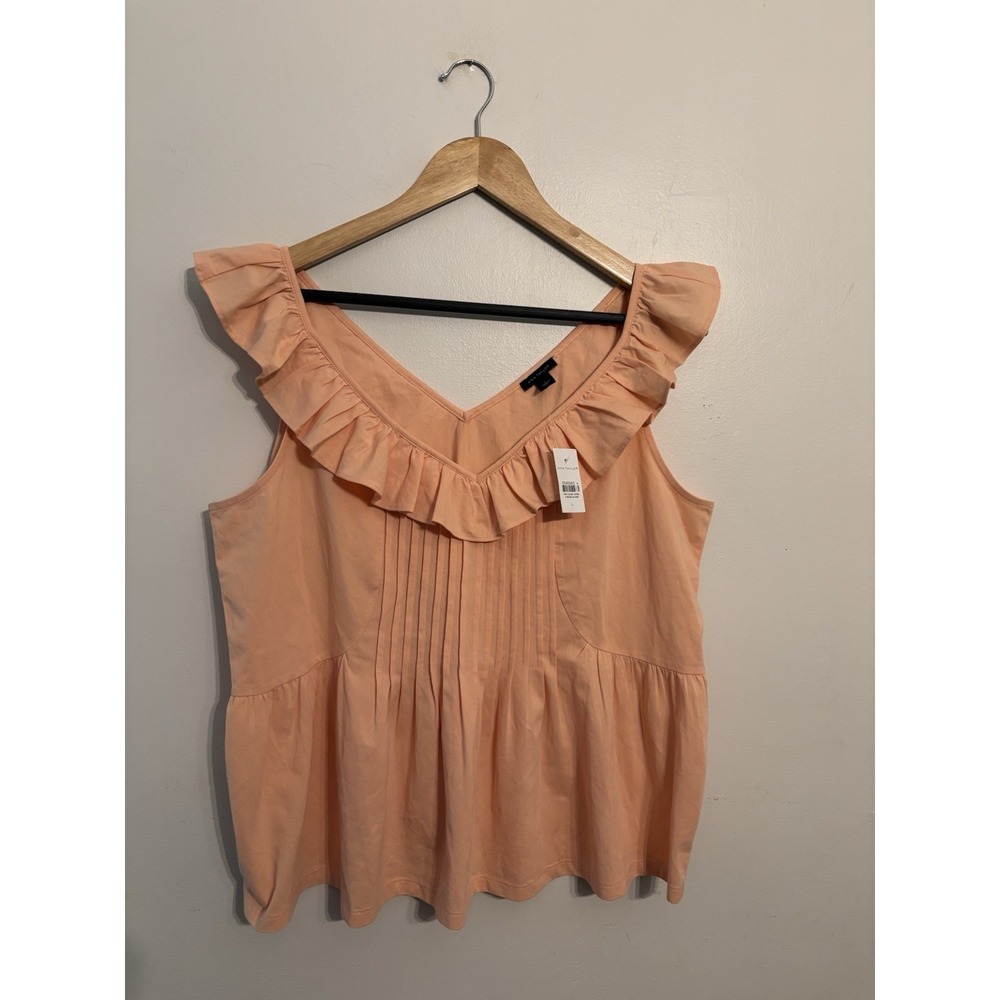 Ann Taylor Women's Peach Pleated Ruffle Tank Cotton Blend Peplum Size Large New